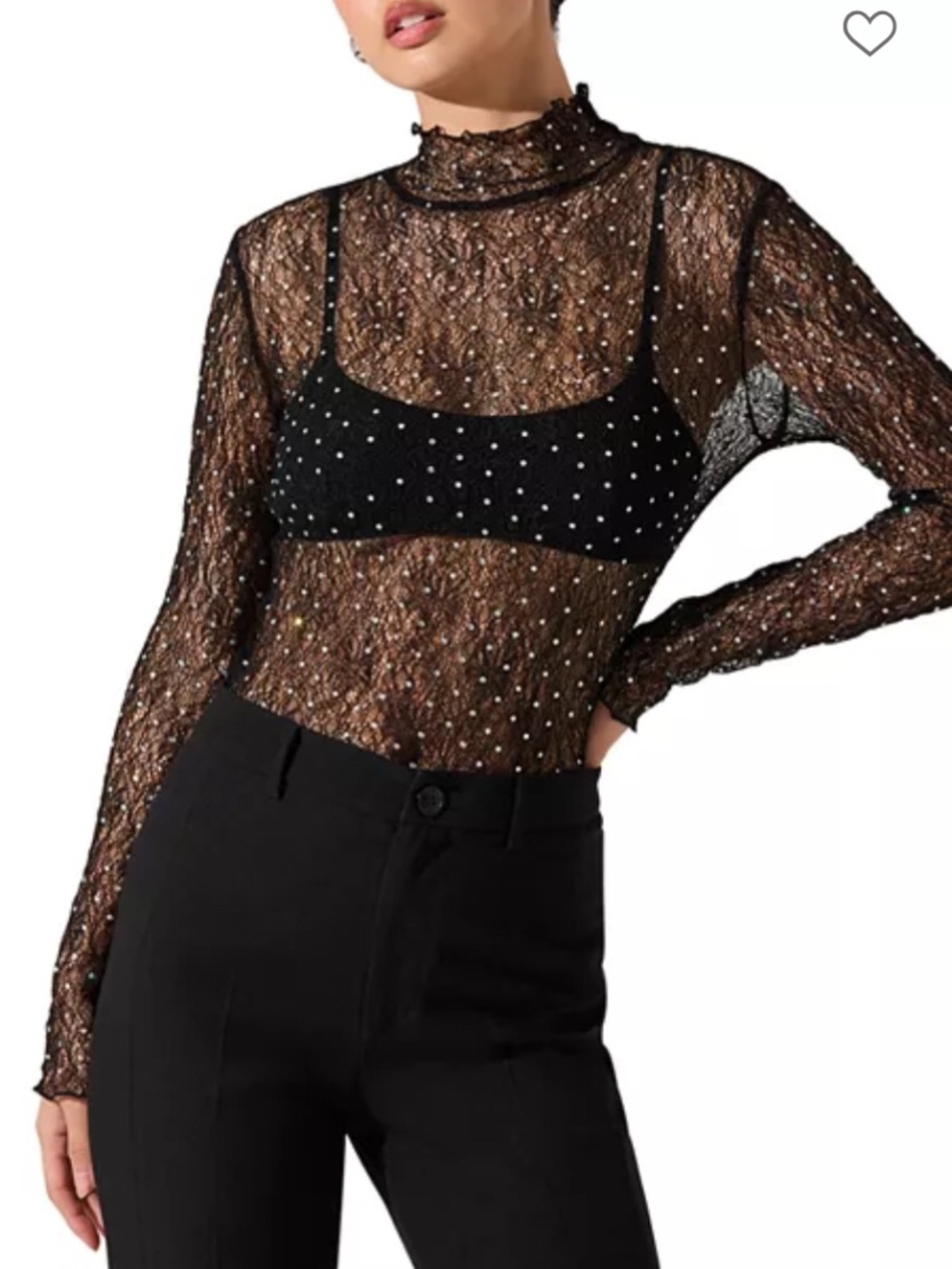 ASTR Black Sheer Rhinestone Mock Neck Long Sleeve Top
